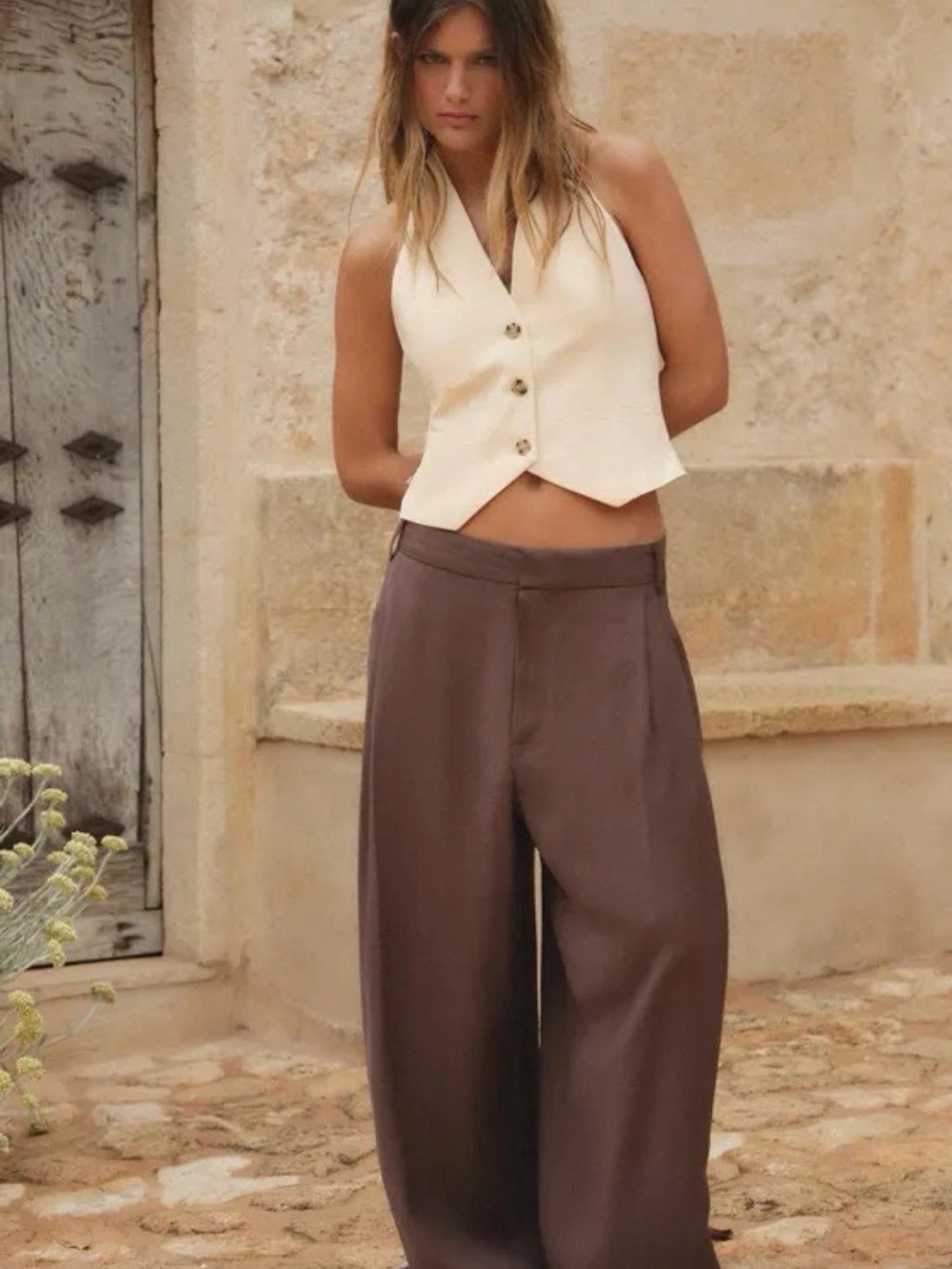 Zara Dark Brown Double Pleat Wide Leg Trousers